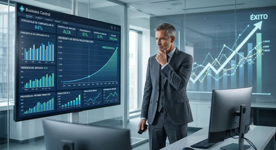 Directivo revisando predicciones de ventas con inteligencia artificial en Business Central