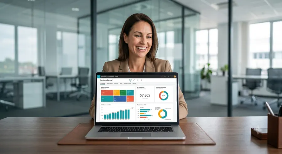 Ejecutiva revisando el dashboard financiero de Business Central en su laptop