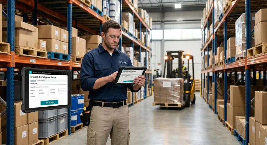 Trabajador de almacén escaneando código de barras con Business Central en una tablet