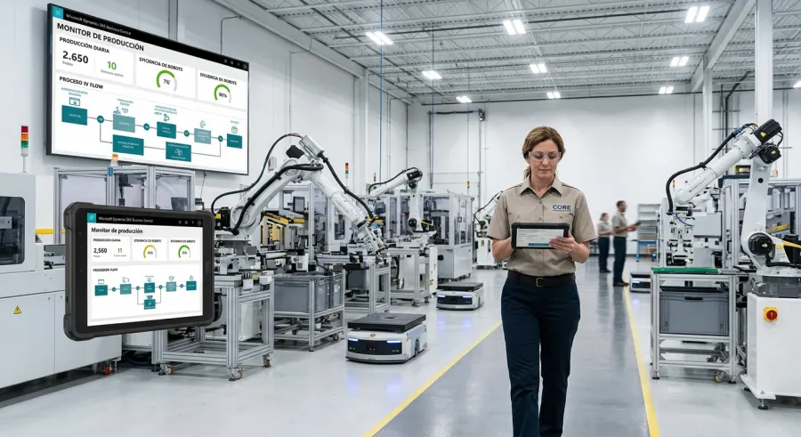 Supervisora de planta monitoreando producción y robots con Business Central