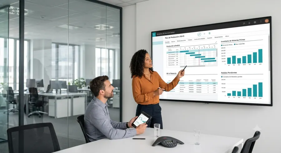 Equipo revisando el plan de producción de Business Central en una pantalla de sala de juntas